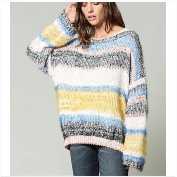 FATE chunky knit stripe sweater warm cozy size medium yellow blue white - Picture 1 of 8